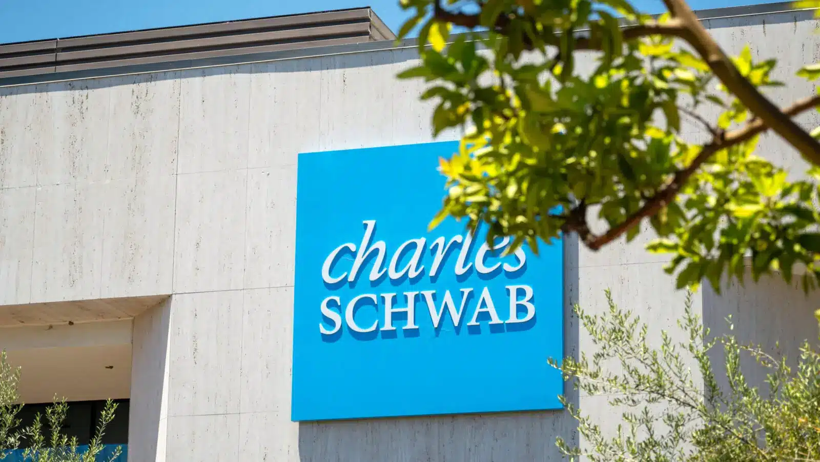 Blue Charles Schwab corporate sign on a light grey concrete exterior wall with green foliage in the foreground