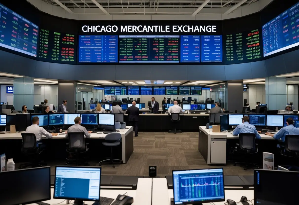 Traders working at computer stations under large digital display boards at the Chicago Mercantile Exchange.