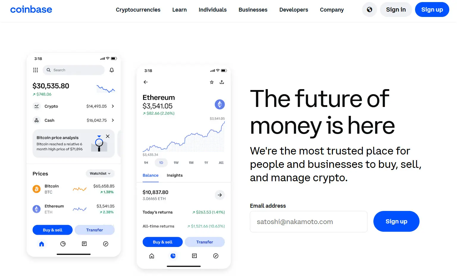 Coinbase website landing page showing the user interface of the mobile app for Bitcoin and Ethereum trading.