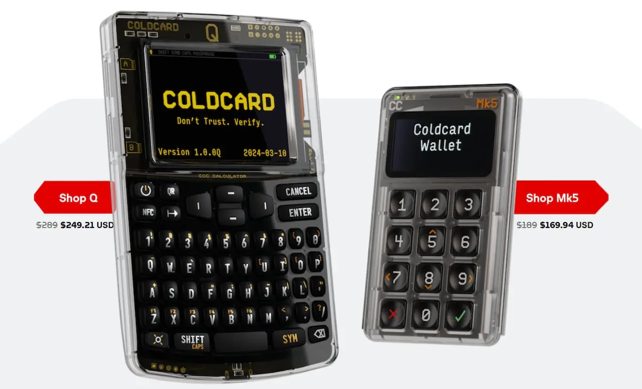 Coldcard Q and Coldcard Mk5 hardware wallets featuring screens and keypads on a white background.