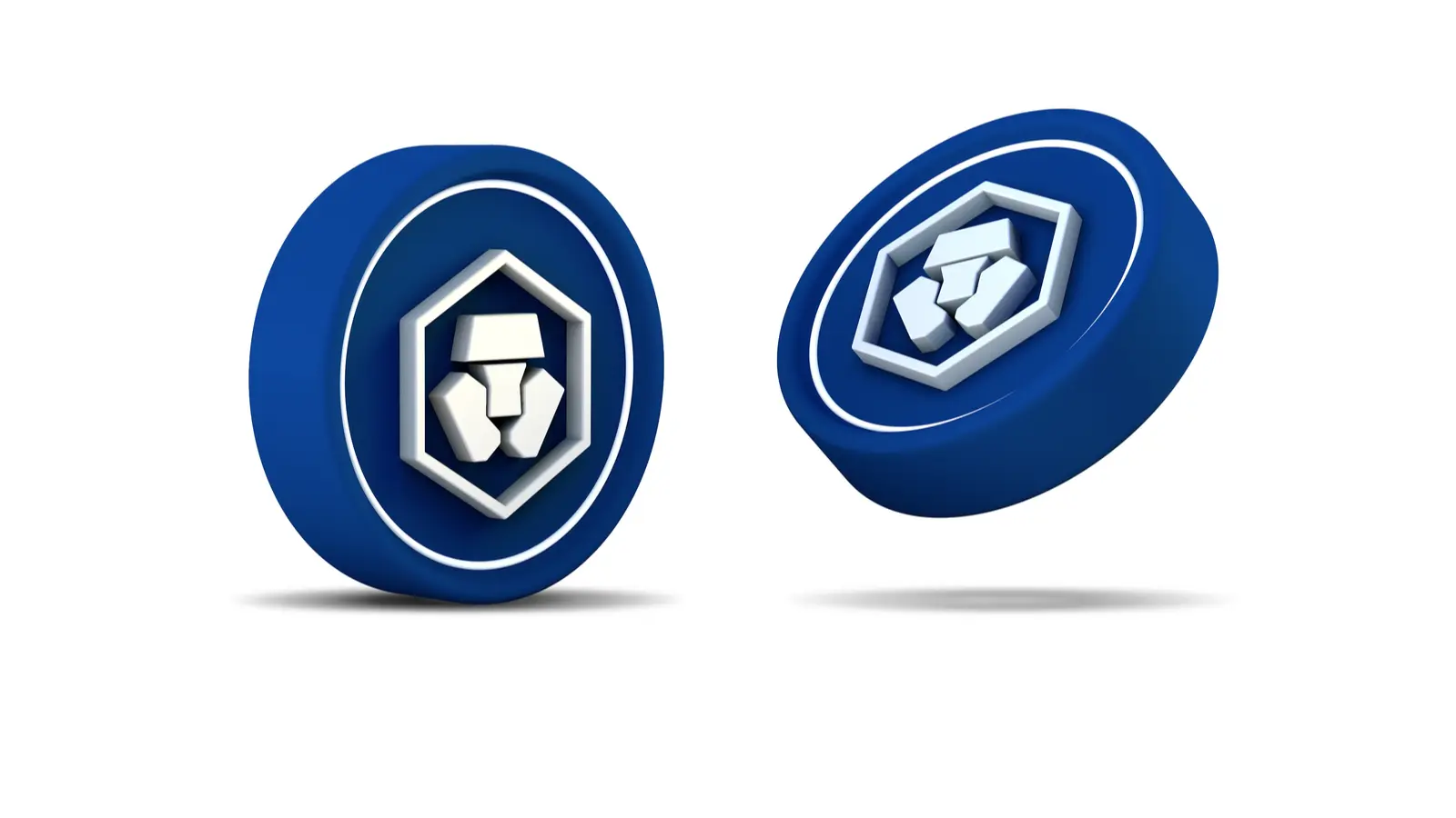 Two 3D rendered blue Cronos CRO cryptocurrency coins featuring the white stylized lion logo