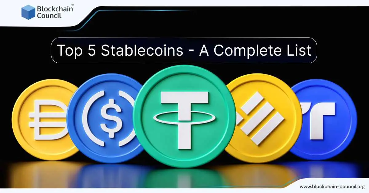 Five colorful 3D cryptocurrency tokens with symbols for various stablecoins against a black background