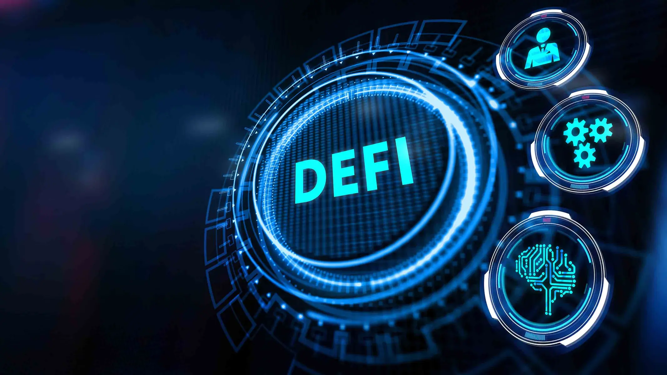 Digital graphic showing the word DEFI inside a glowing blue futuristic circuit hub with interconnected nodes.
