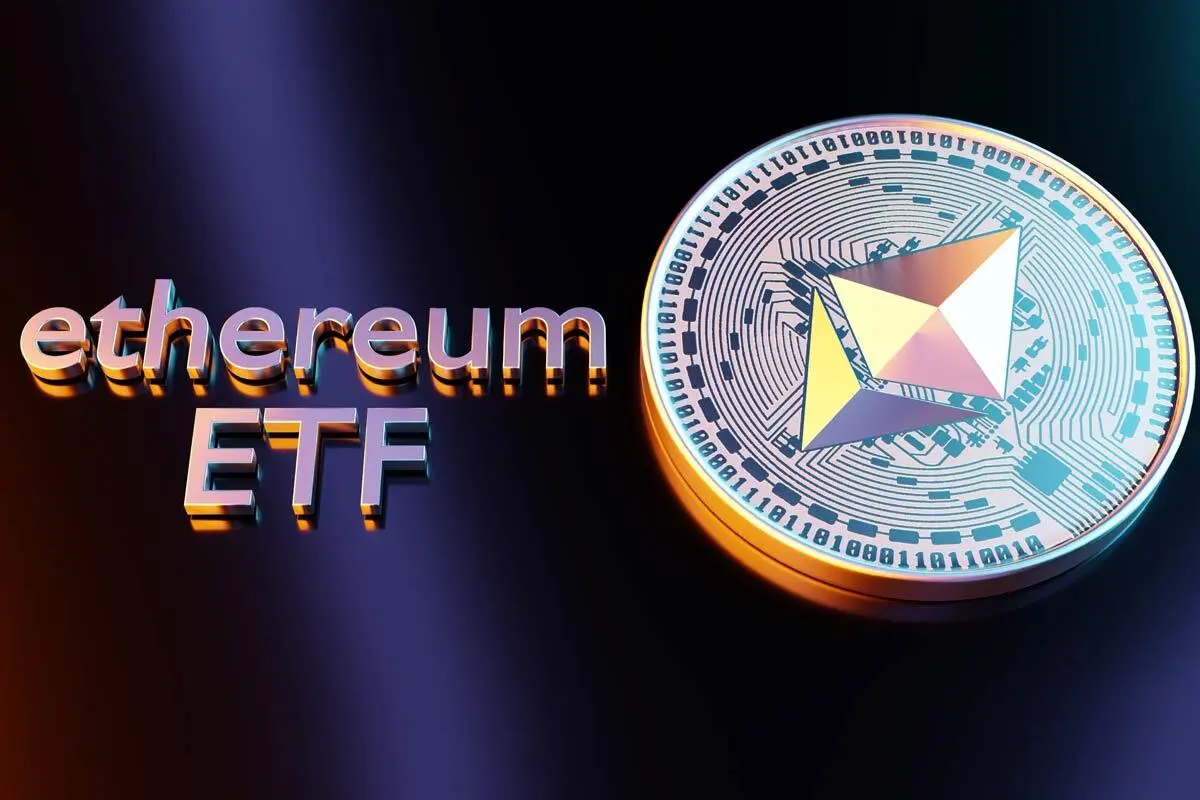 3D render of a gold Ethereum coin next to the text 'ethereum ETF' on a dark background