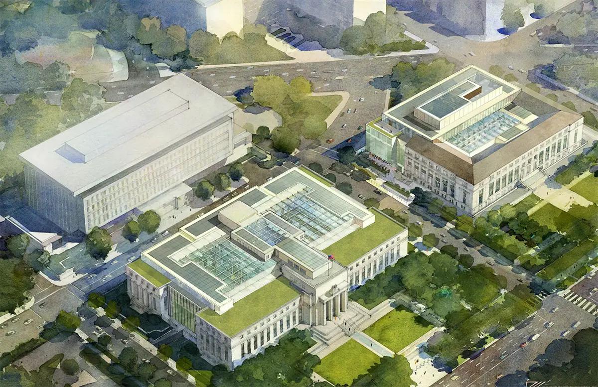 Architectural rendering of the Federal Reserve Eccles Building and surrounding headquarters in Washington, D.C.