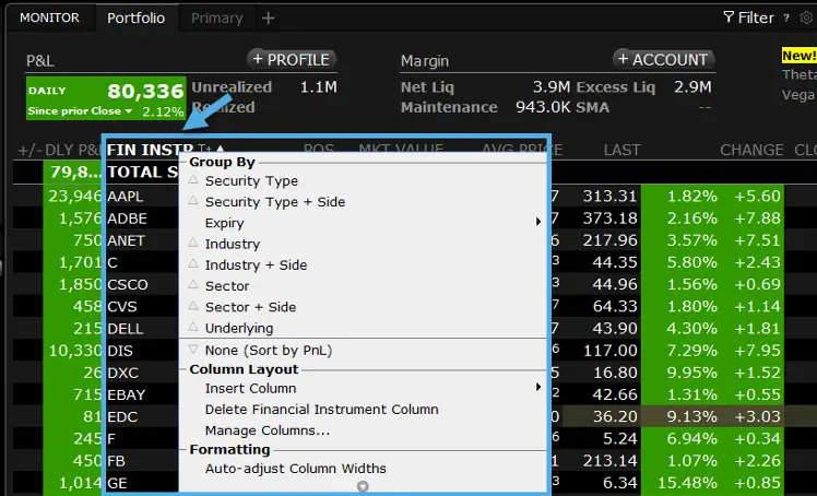 Financial trading software interface showing a portfolio list and a dropdown menu for grouping financial instruments.