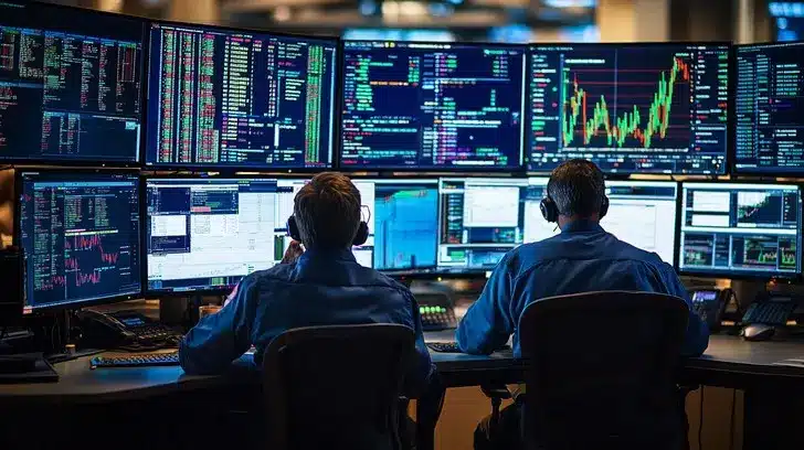 Two financial traders wearing headsets sitting before a wall of multiple monitors displaying stock market data