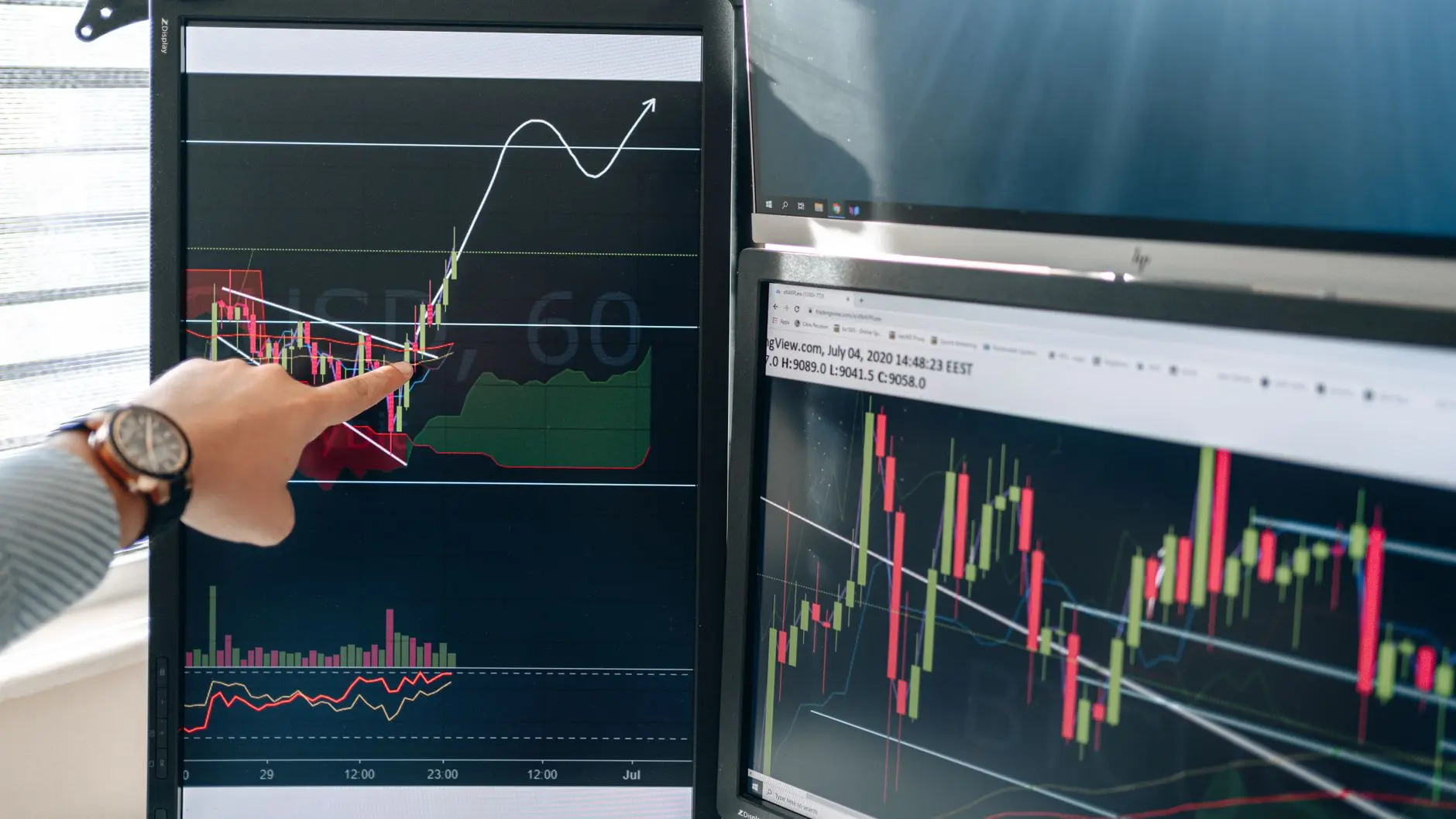 Close-up of a person pointing to a candlestick financial chart on a professional multi-monitor trading setup