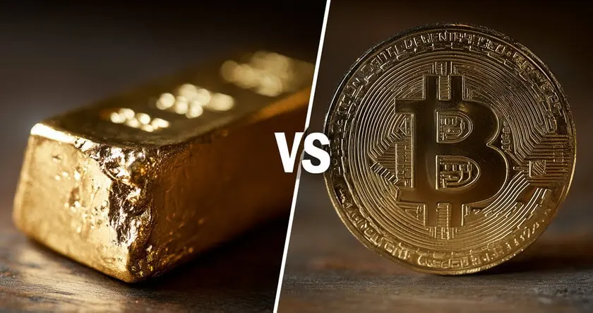 A gold bullion bar compared side-by-side with a gold-colored Bitcoin physical coin