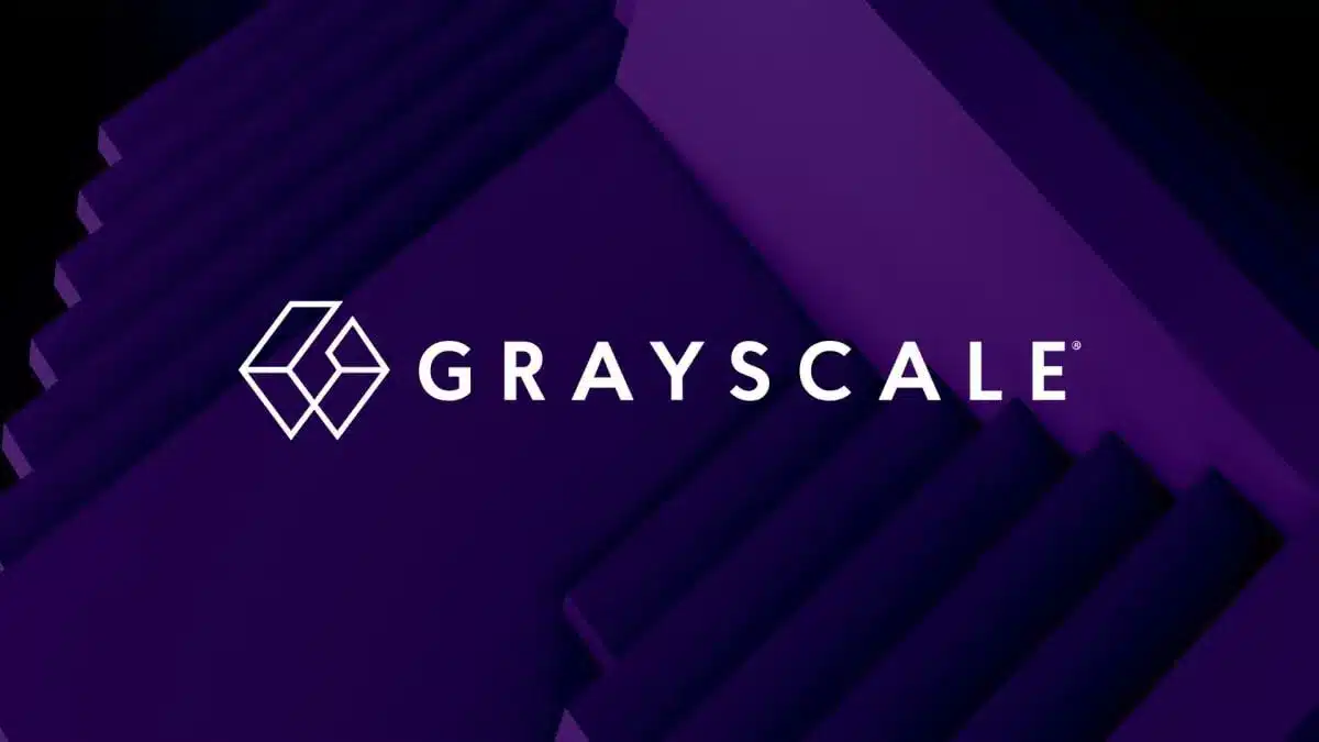 Grayscale Investments logo and brand name against a purple geometric background
