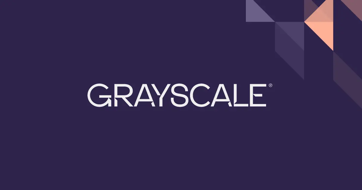 The Grayscale logo in white text on a dark purple background with geometric accents.