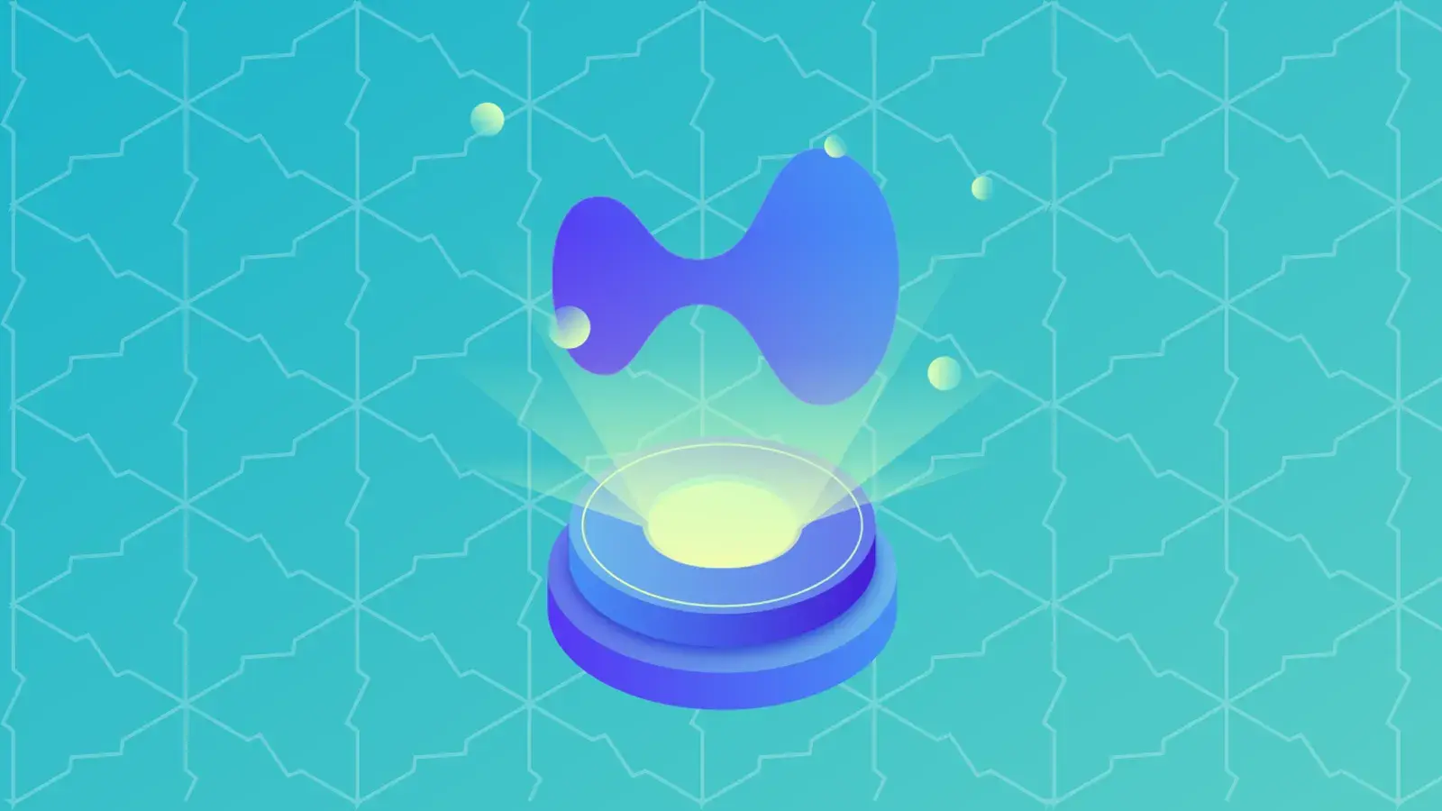 Hyperliquid DEX logo floating above a glowing blue and yellow circular pedestal on a teal geometric background