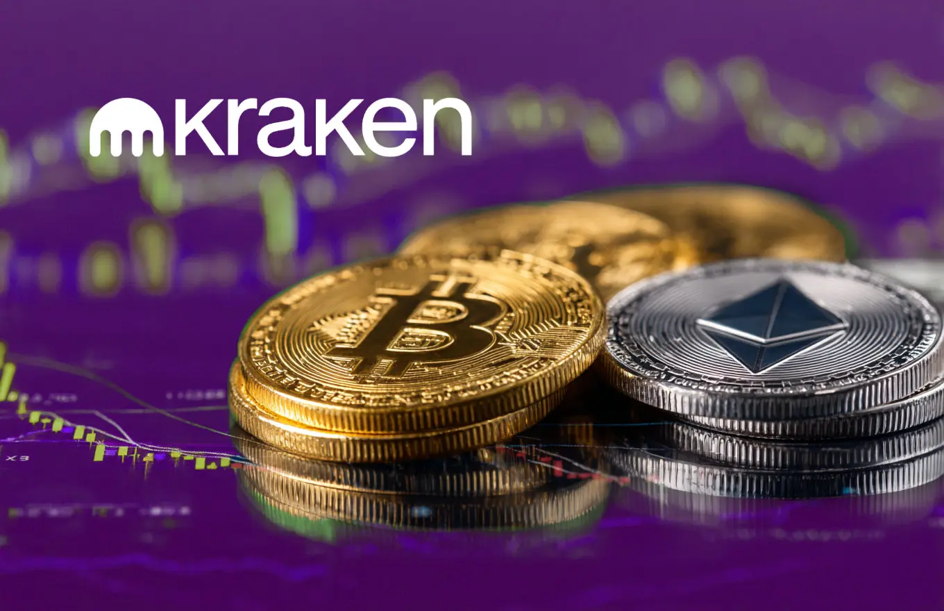 Physical Bitcoin and Ethereum coins resting on a purple surface with a financial chart and Kraken logo in the background