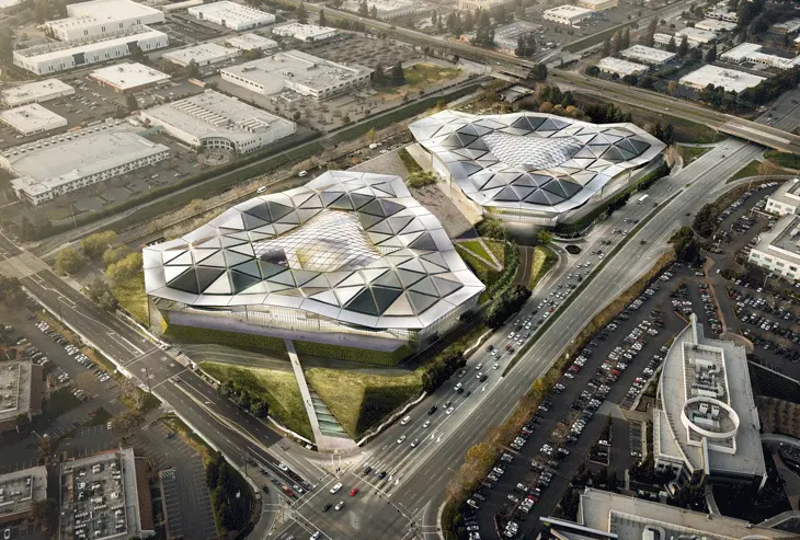 Aerial view of the futuristic Nvidia headquarters buildings with distinctive geometric glass roofs in Silicon Valley