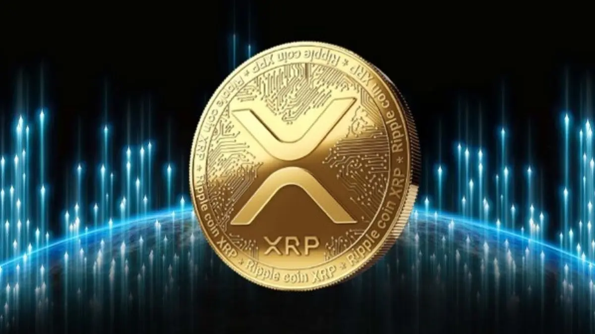 A gold XRP Ripple cryptocurrency coin centered over a blue digital globe and light streaks on a black background.