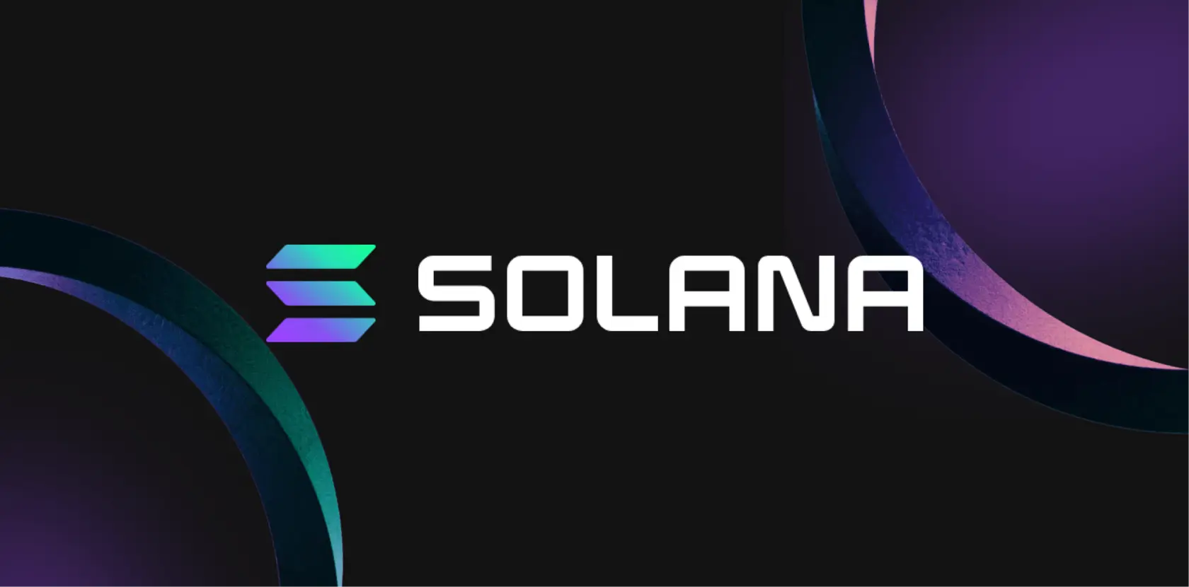 Solana blockchain logo and text in white and gradient colors on a dark background with abstract curves