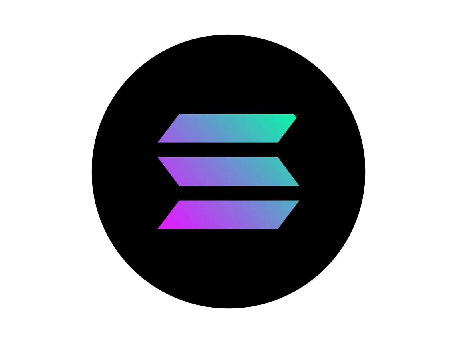 The Solana cryptocurrency logo featuring a stylized S with purple and teal gradients on a black circular background