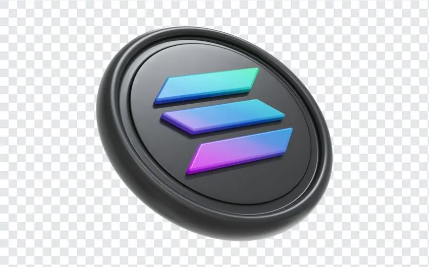 3D render of a Solana cryptocurrency coin featuring the gradient logo on a dark grey metallic disc
