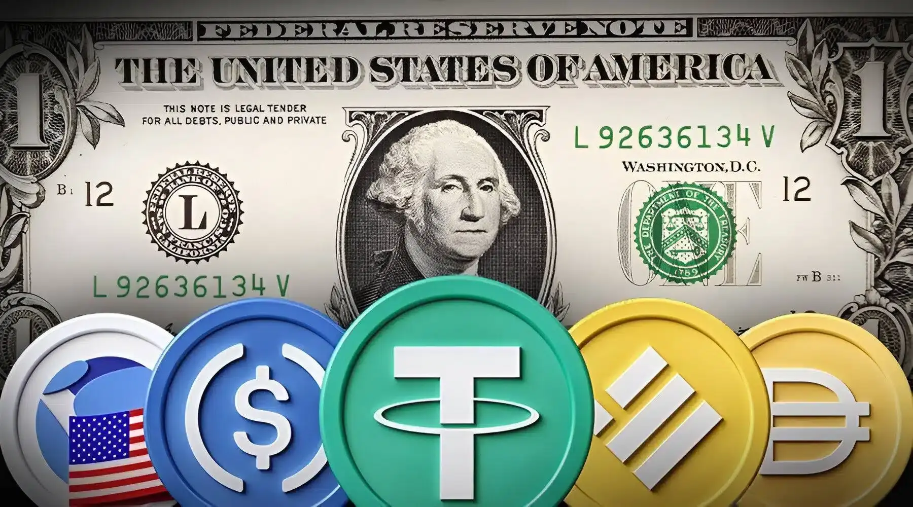 A US one-dollar bill behind a row of stablecoin symbols including USDC, Tether, and others.