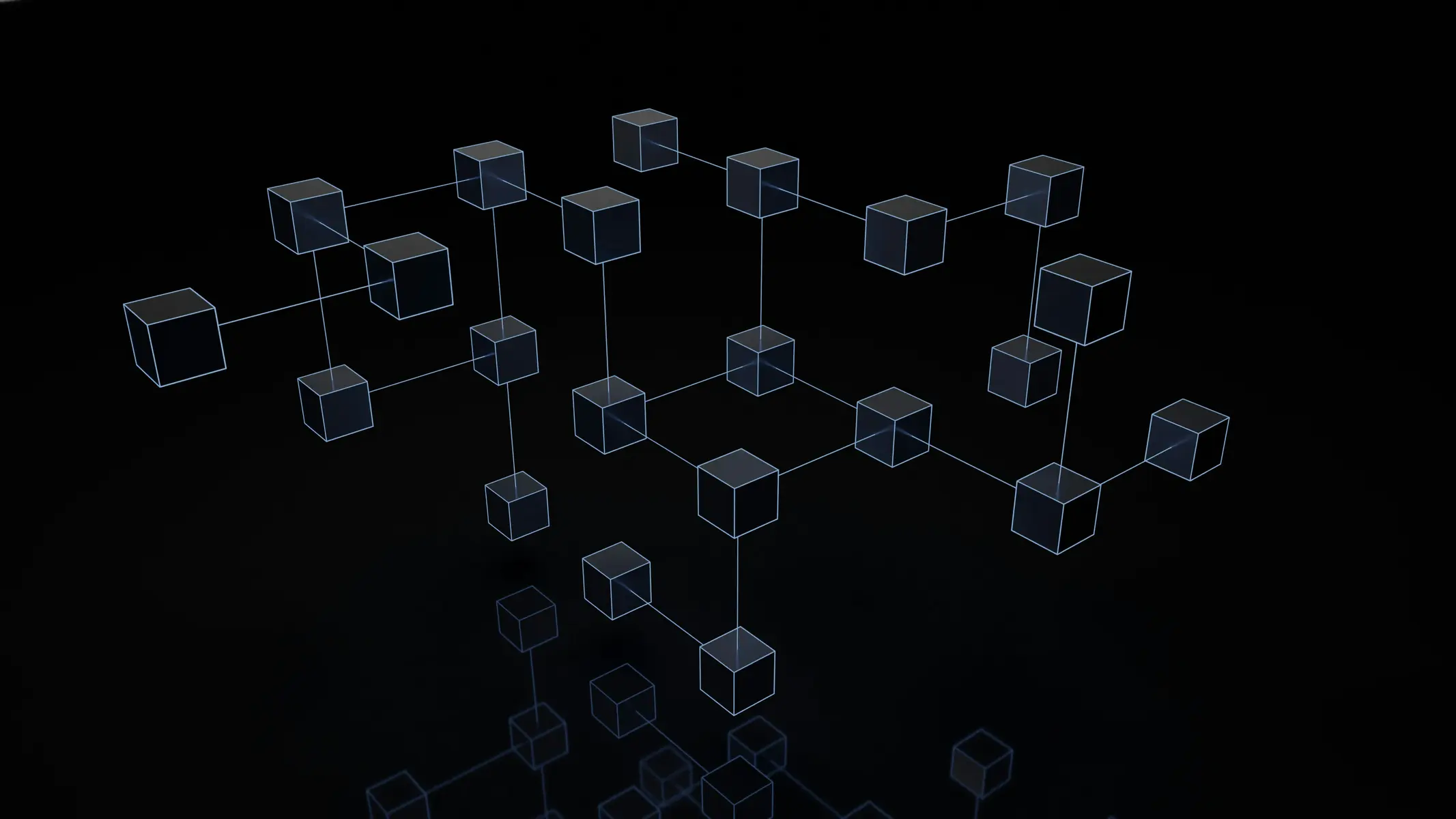 Eine 3D-Illustration von miteinander verbundenen Würfeln auf schwarzem Hintergrund, die eine Blockchain darstellen.