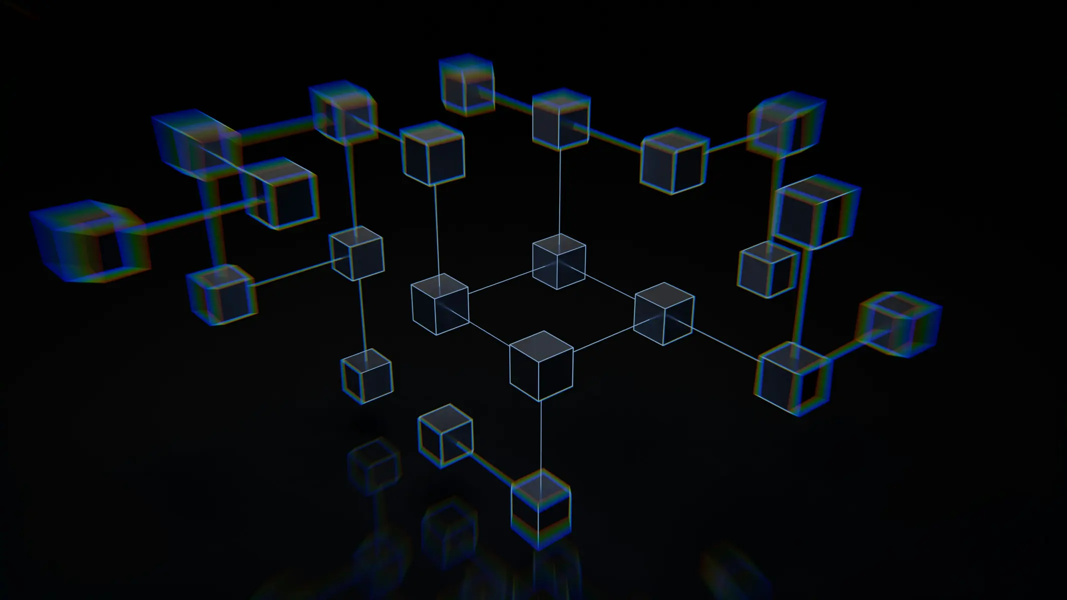 Eine 3D-Illustration von vernetzten, transparenten Würfeln auf schwarzem Hintergrund, die eine Blockchain darstellen.