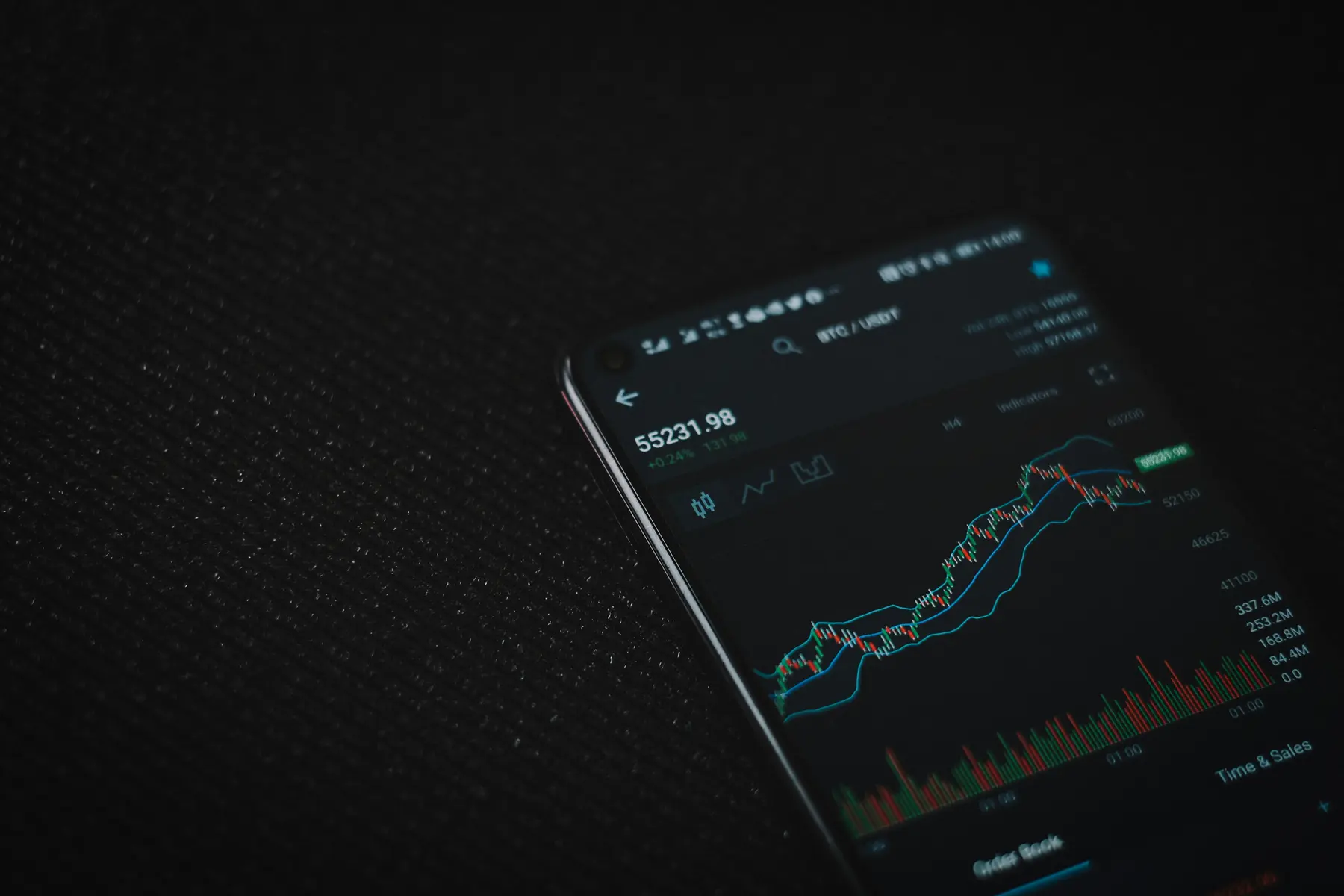 Ein Smartphone mit einer Kryptowährungs-Trading-App, die einen Bitcoin-Kurschart anzeigt.