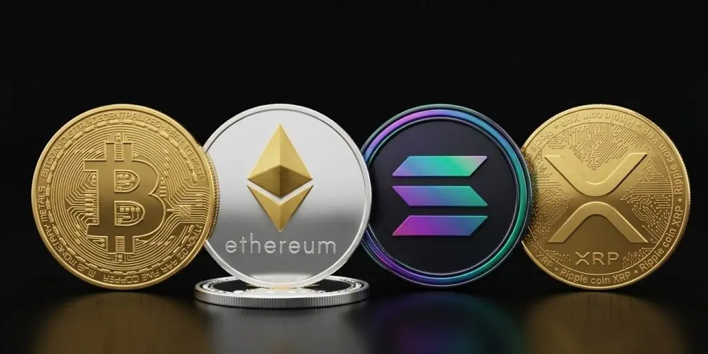 Four cryptocurrency coins featuring Bitcoin, Ethereum, Solana, and XRP logos against a black background