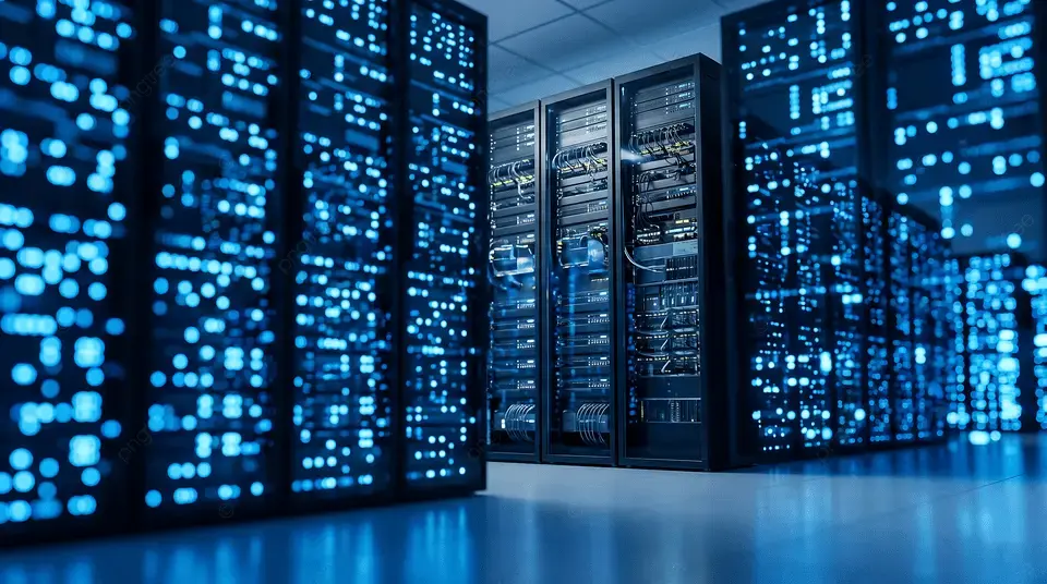 Rows of datacenter server racks with glowing blue LED indicator lights in a dark room
