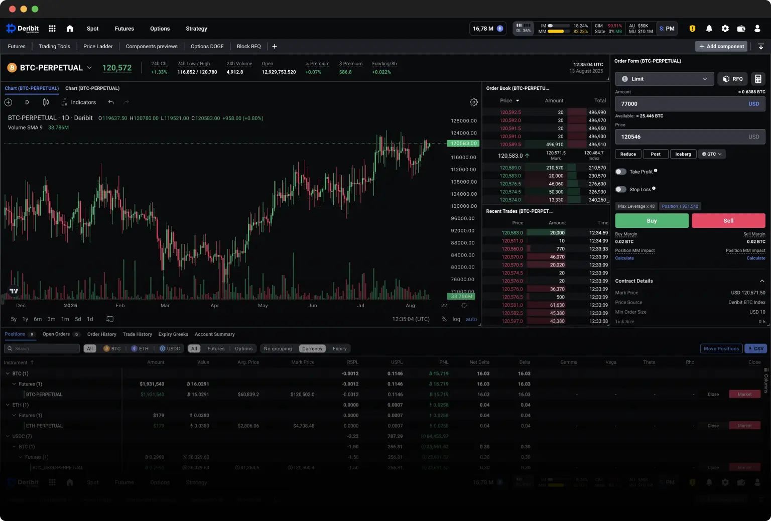 Screenshot of the Deribit trading interface showing a BTC-PERPETUAL candlestick chart and order book