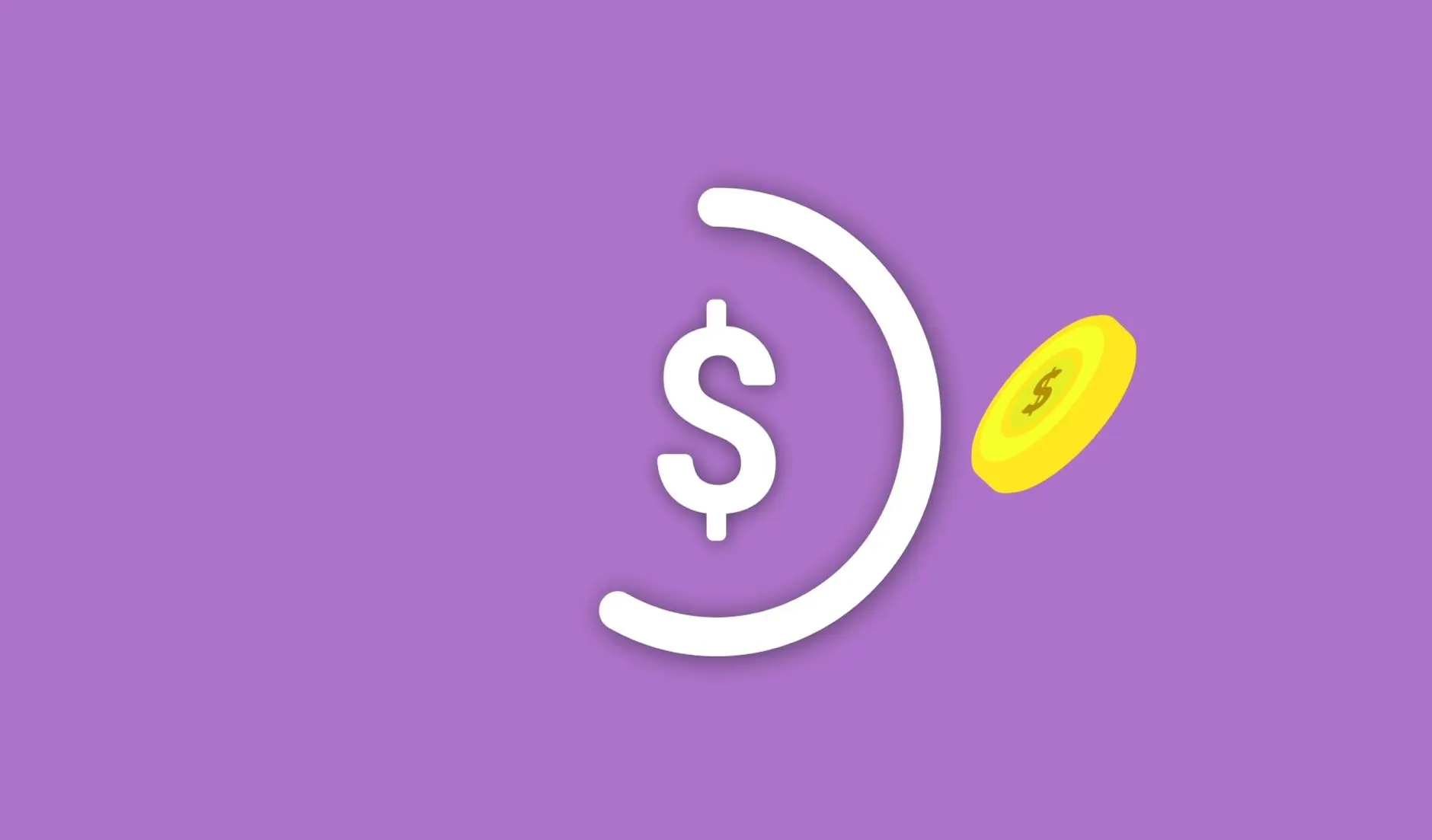 Digital illustration of a white dollar sign inside a partial circle with a yellow coin on a purple background