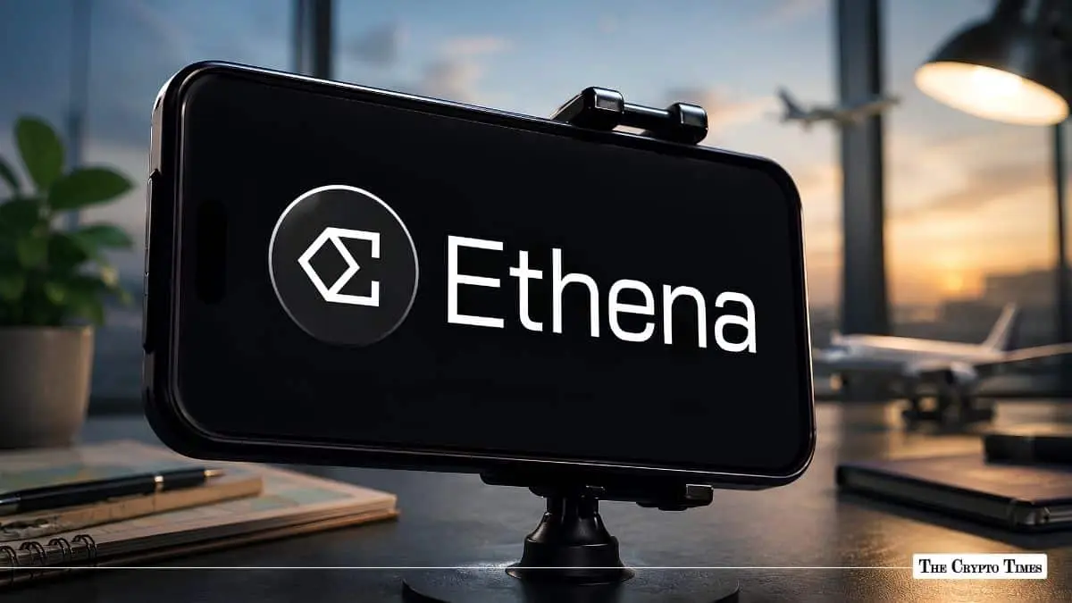 Smartphone on a desk displaying the Ethena logo and brand name on a black screen