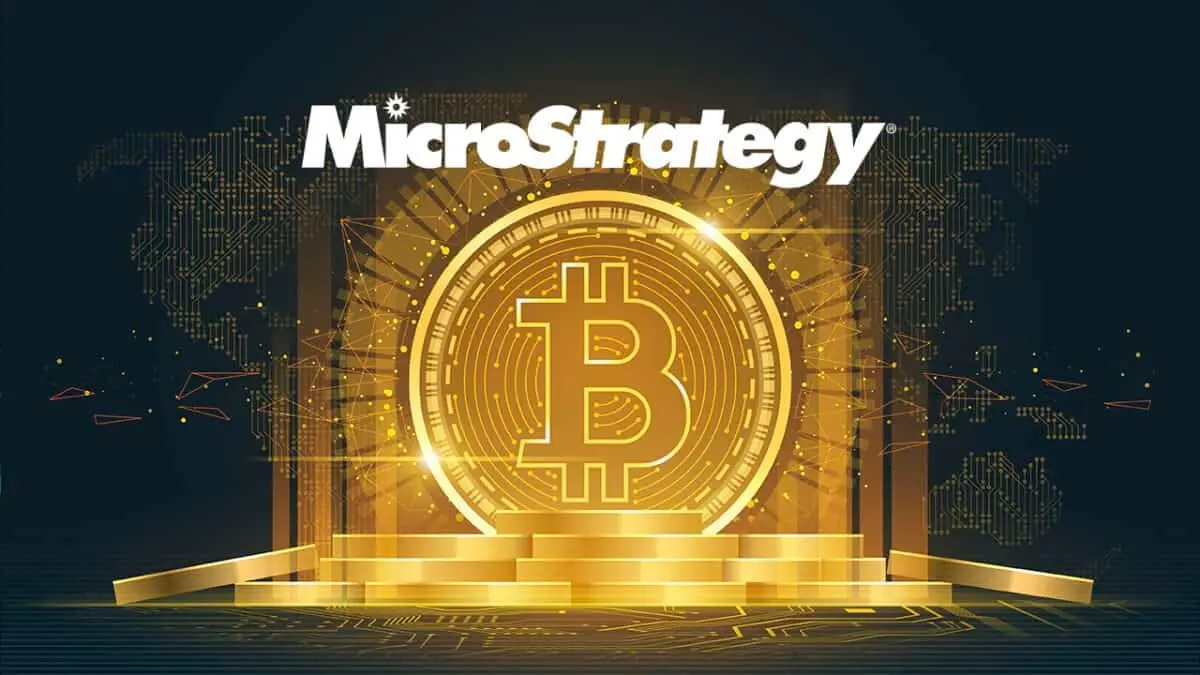 A golden Bitcoin coin centered under the MicroStrategy logo against a dark digital world map background