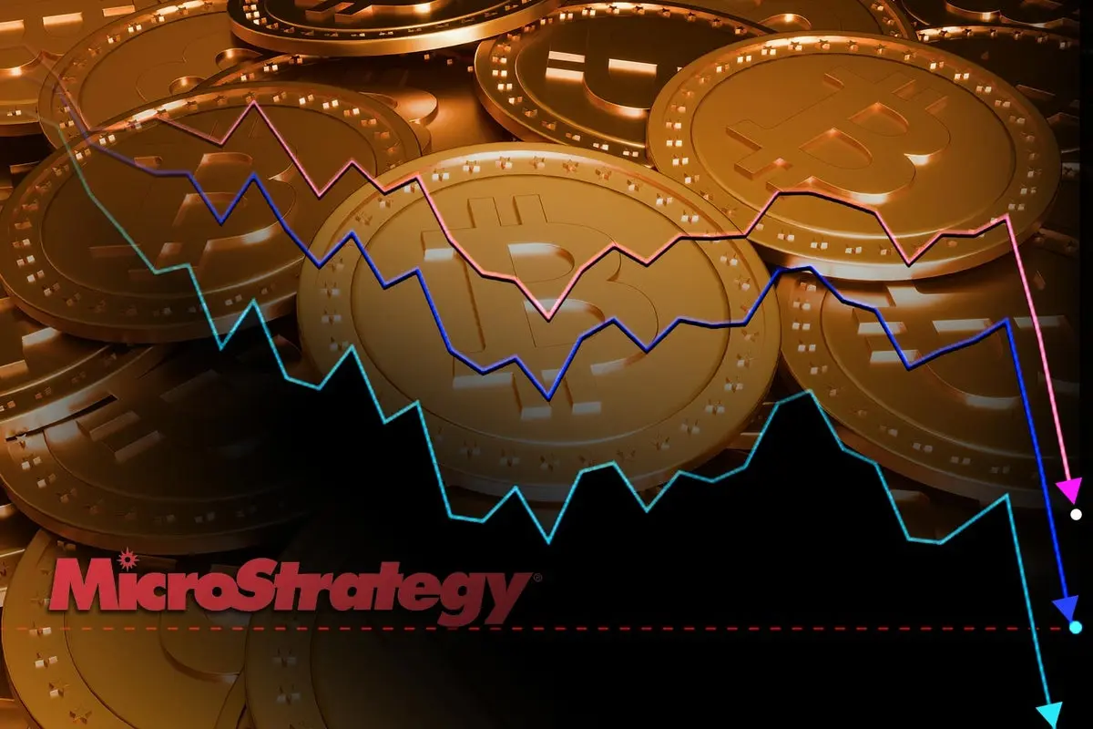 MicroStrategy logo over gold Bitcoin coins with overlaying downward trending financial line graphs.