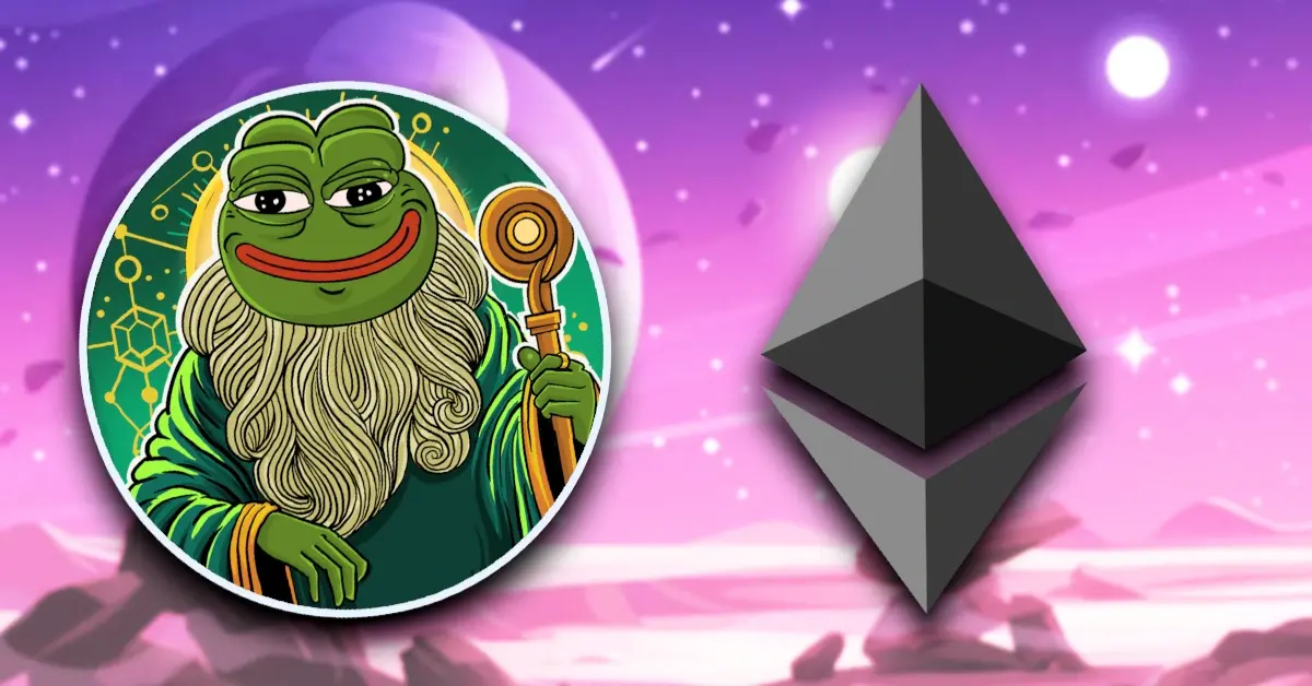 A wizard Pepe the Frog character next to the Ethereum logo against a purple space background