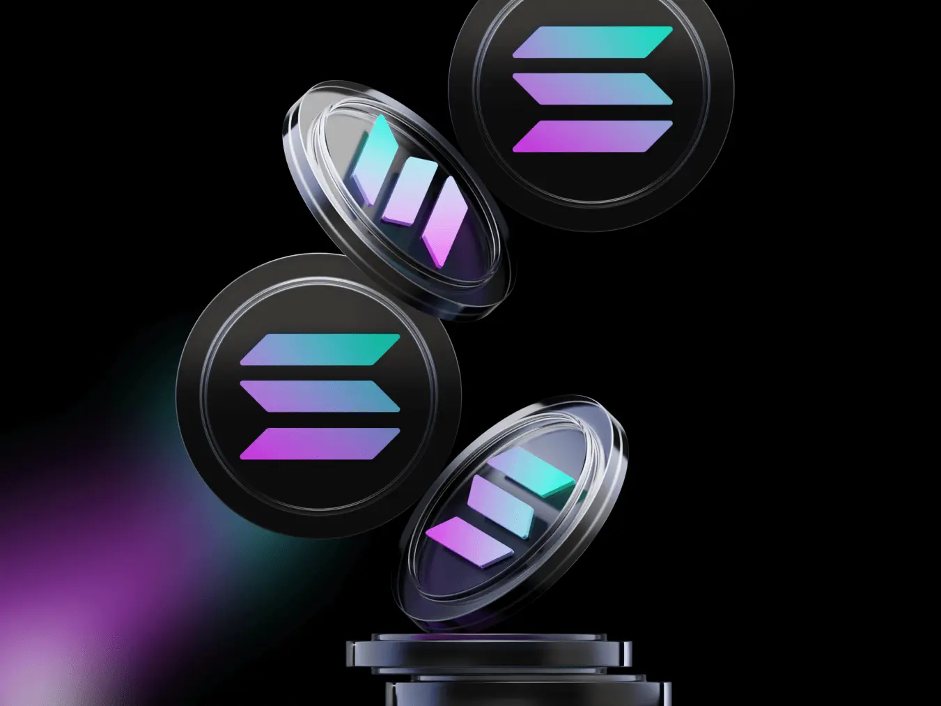 Four 3D Solana SOL cryptocurrency coins with gradient logos floating against a black background