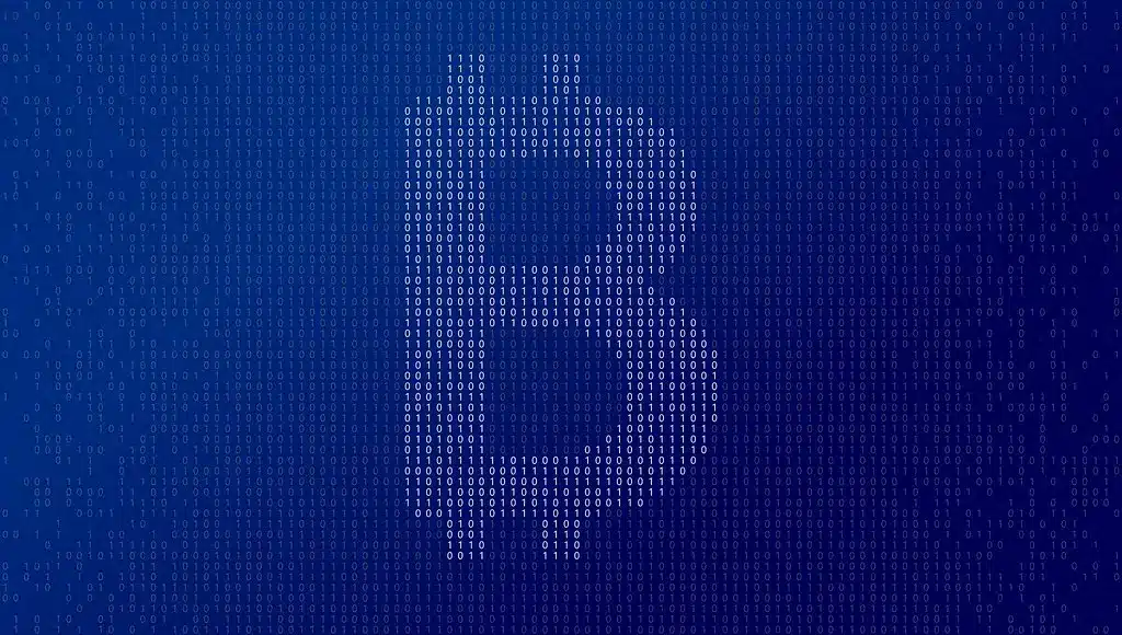 Das Bitcoin-Symbol, bestehend aus binären Nullen und Einsen auf blauem Hintergrund.