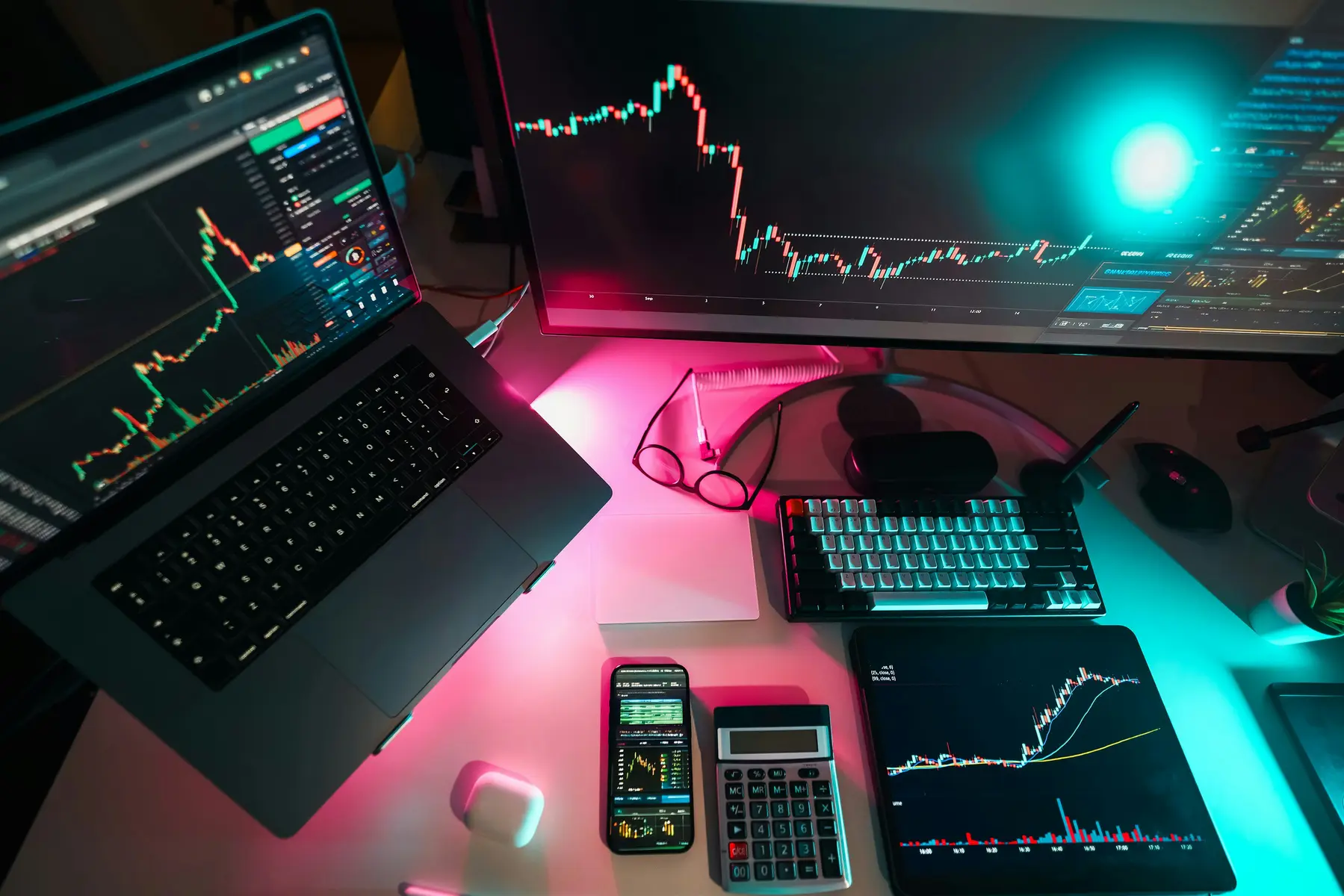 Ein Schreibtisch mit Laptop, Monitor und Tablet, die verschiedene Kryptowährungs-Charts anzeigen.