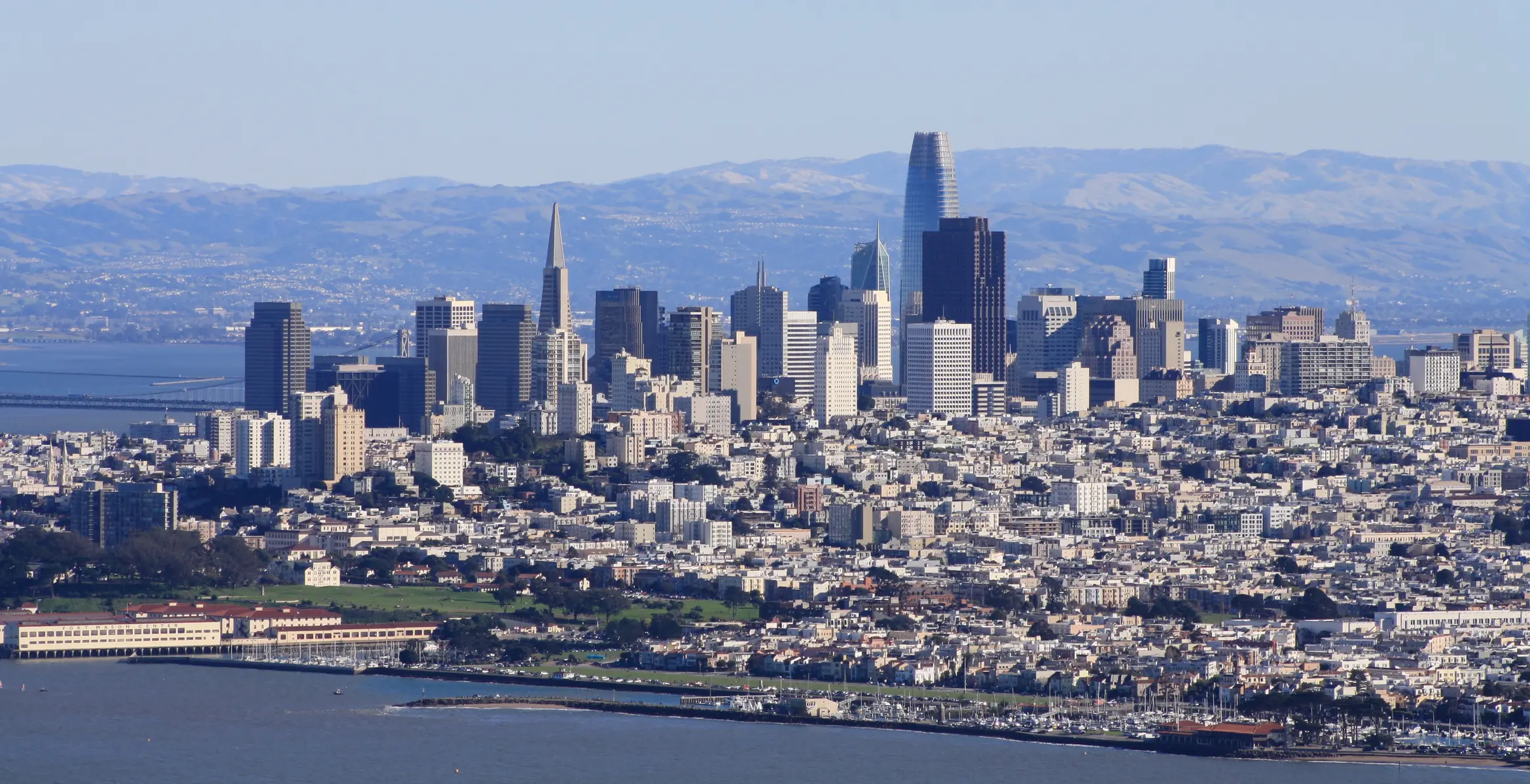 Panorama der Skyline von San Francisco mit markanten Wolkenkratzern unter blauem Himmel.
