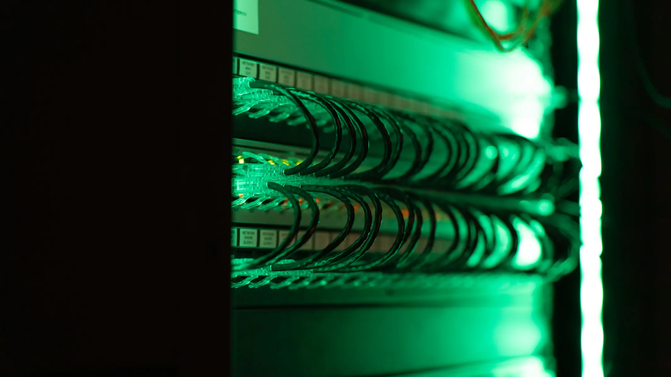 Nahaufnahme von Server-Hardware mit grüner Beleuchtung in einem Rechenzentrum