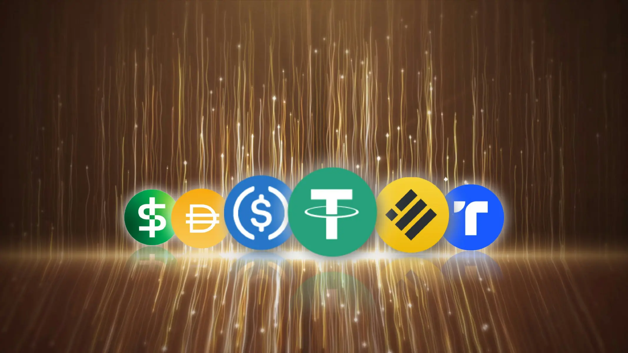 Eine Reihe verschiedener Stablecoin-Logos vor einem glitzernden, goldenen digitalen Hintergrund.