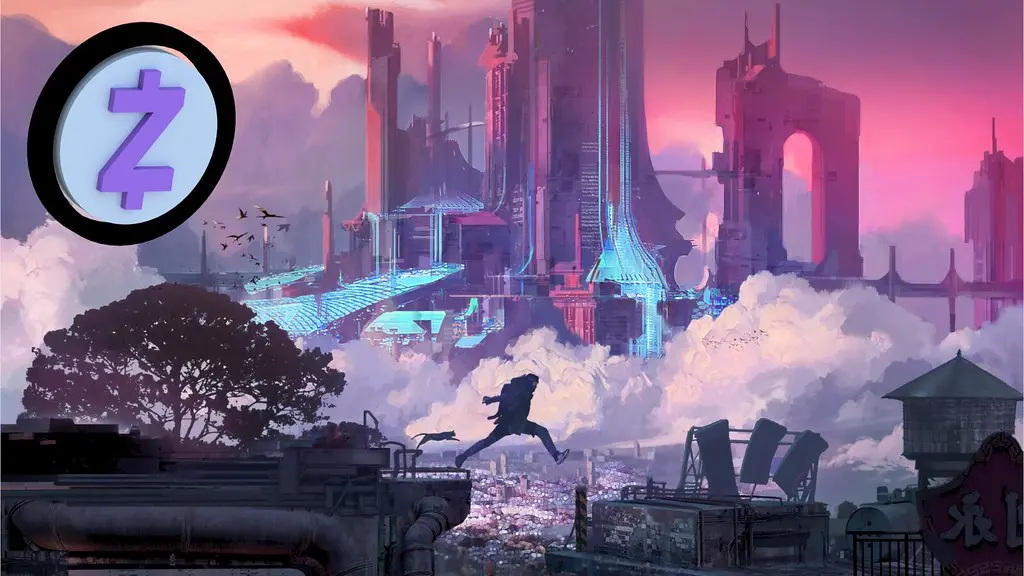 Das Logo der Kryptowährung Zcash vor einer futuristischen Cyberpunk-Stadtlandschaft.
