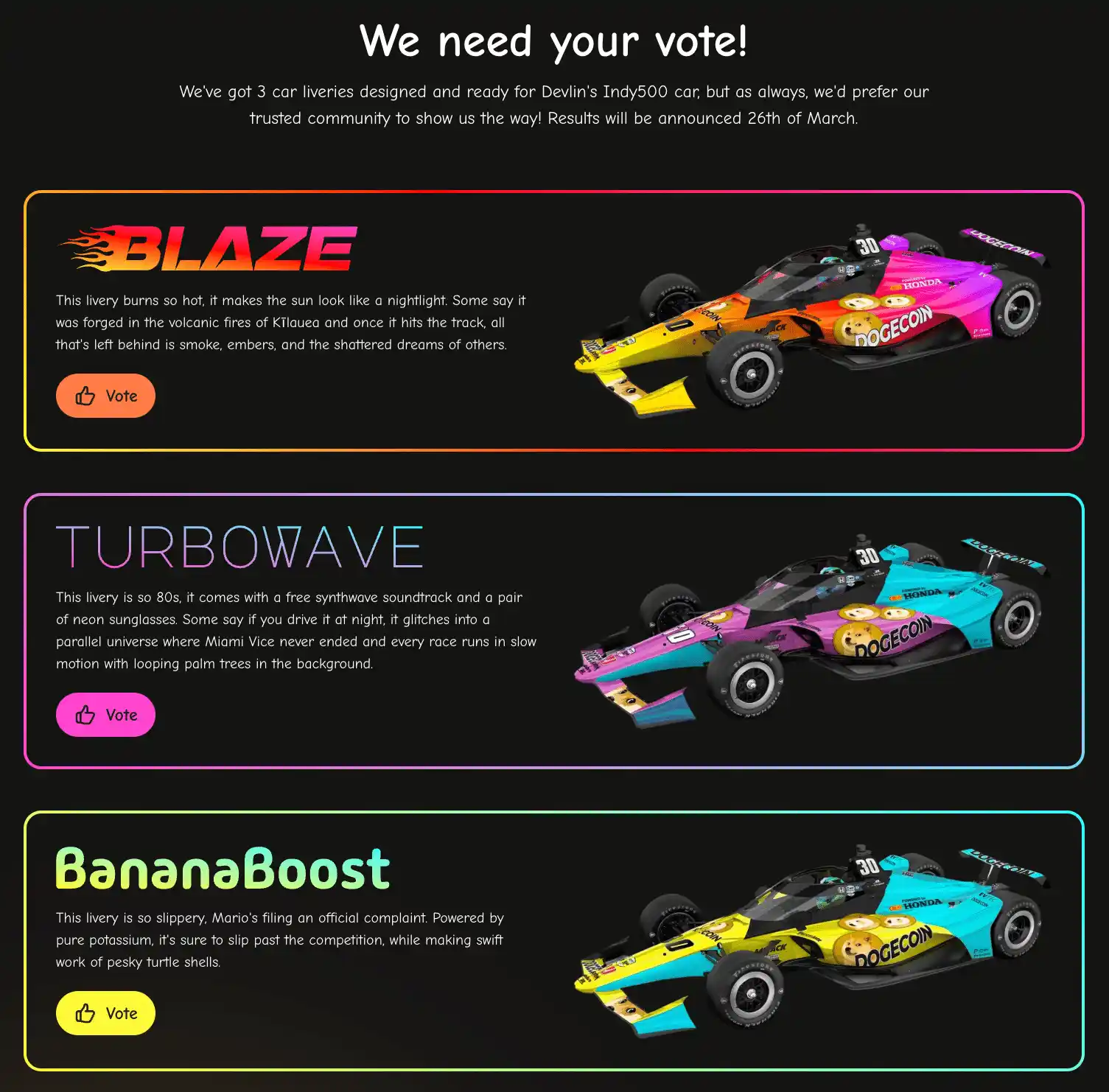 coches de dogecoin indy