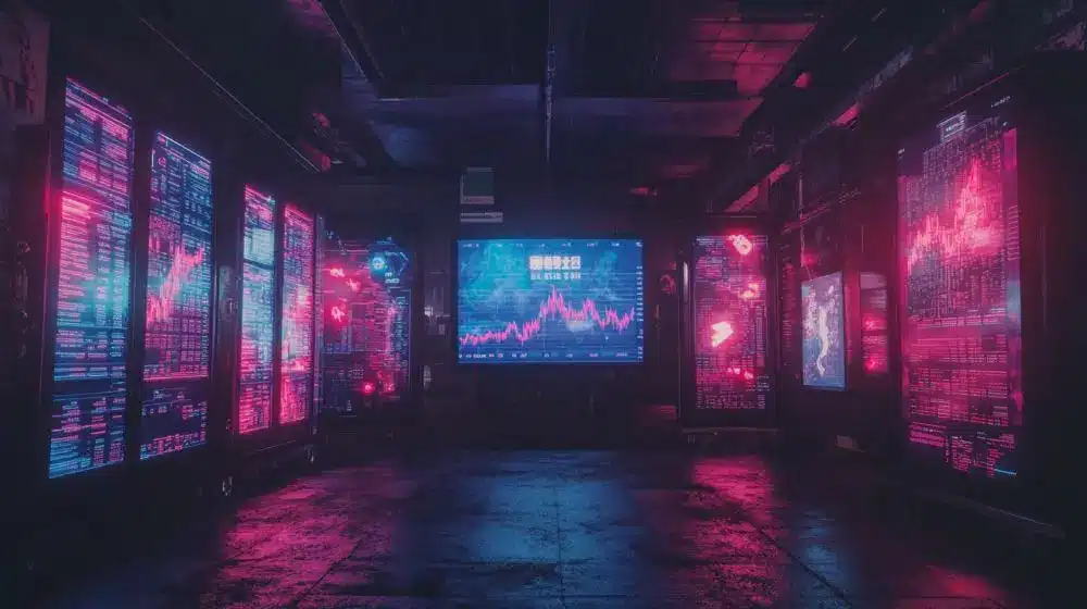 Tokyo-pörssin digitaalinen näyttö, jossa näkyy Bitcoinin ja muiden kryptovaluuttojen kurssikäyrät, kauppiaita analysoimassa markkinadataa ja pilvenpiirtäjiä taustalla, korostaen kryptomarkkinoiden volatiliteettia ja sääntelyn vaikutusta