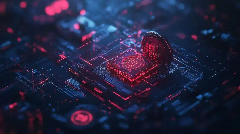 Tetherin logo hehkuu digitaalisen piirikortin päällä, symboloiden stablecoinin roolia rikostentorjunnassa ja kryptovaluuttojen turvallisuudessa