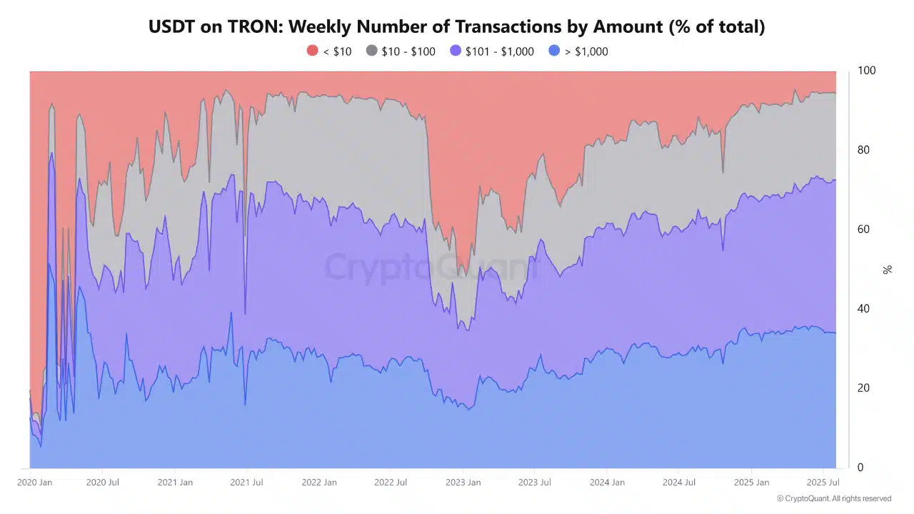 Graphique reflétant le nombre hebdomadaire de transactions par montant (USDT sur Tron)