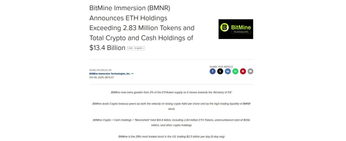 BitMine renforce son pari sur Ethereum