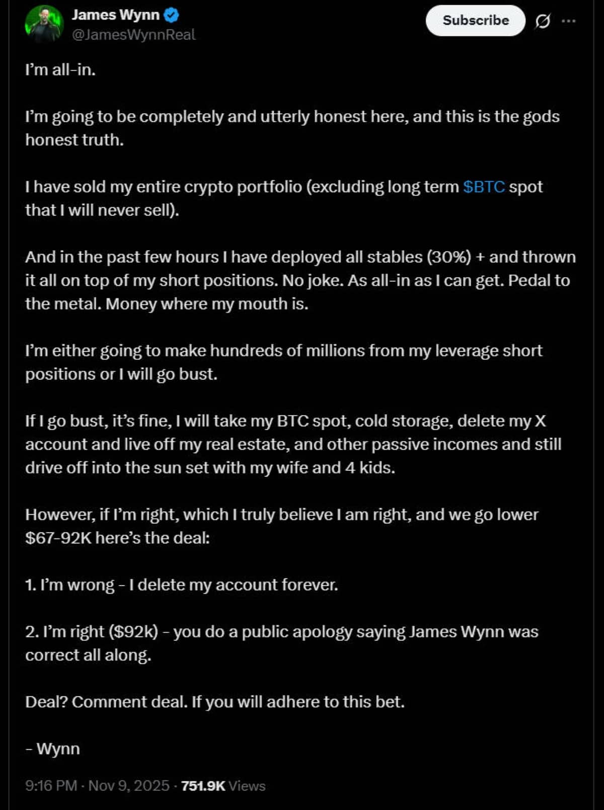 Le trader James Wynn parie tout contre Bitcoin malgré la reprise