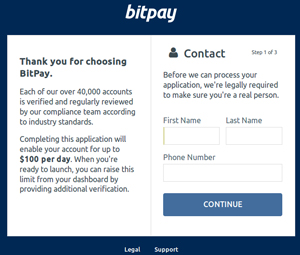 BitPay application step 1