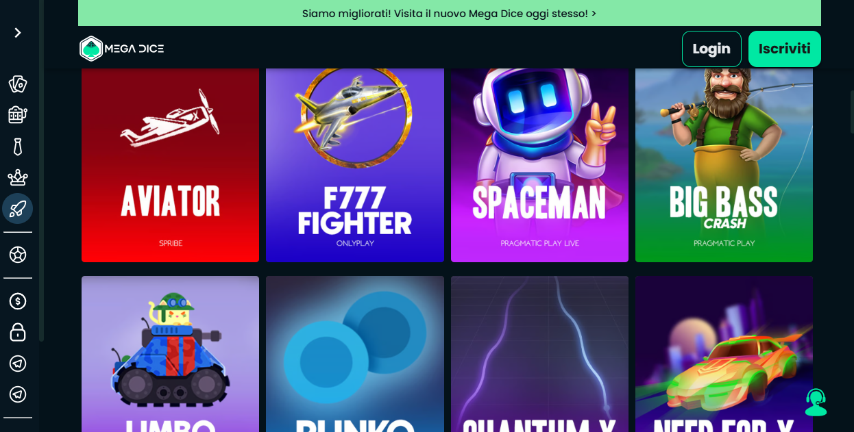 Mega Dice home page - casino crash game