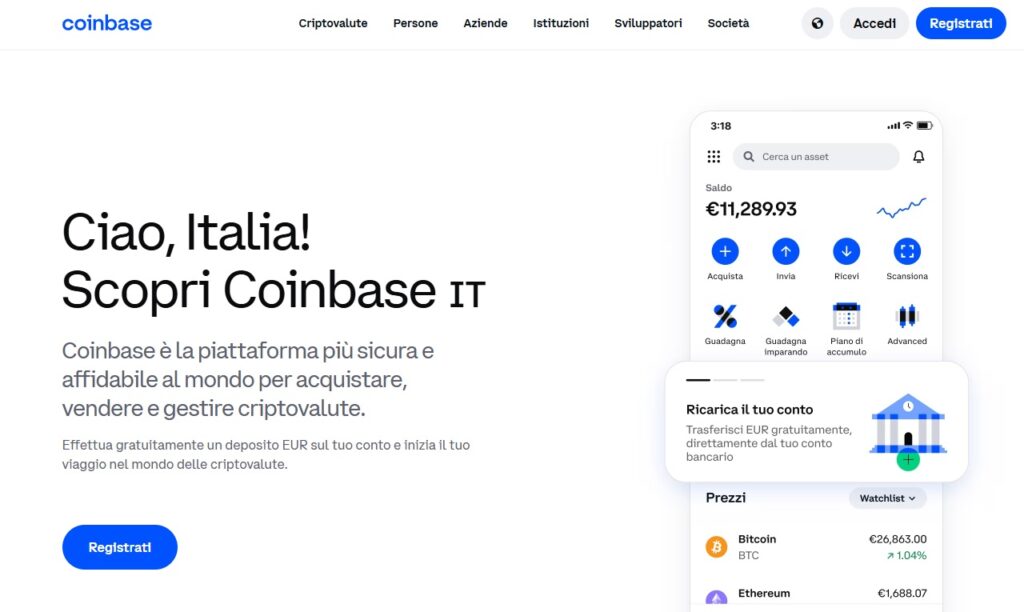 Coinbase è l'exchange crypto più diffuso negli Stati Uniti, una ottima piattaforma per gestire le proprie cryptovalute